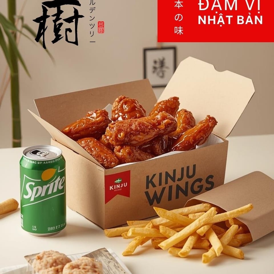 Kinju Wings box with glazed chicken wings, fries, a Sprite can, and packaged cookies.