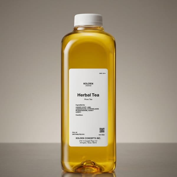 A Kolden Herbal Tea bottle, filled with golden liquid, sits on a reflective surface.