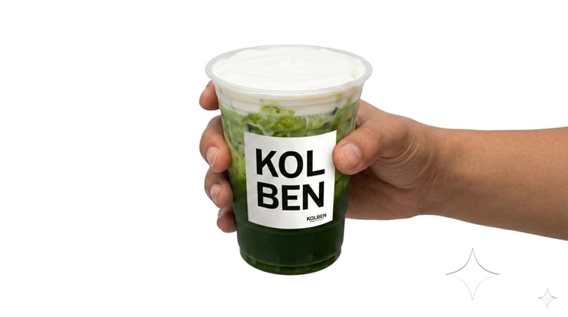 Hand holding a Kolben branded cup with a green drink topped with white cream.