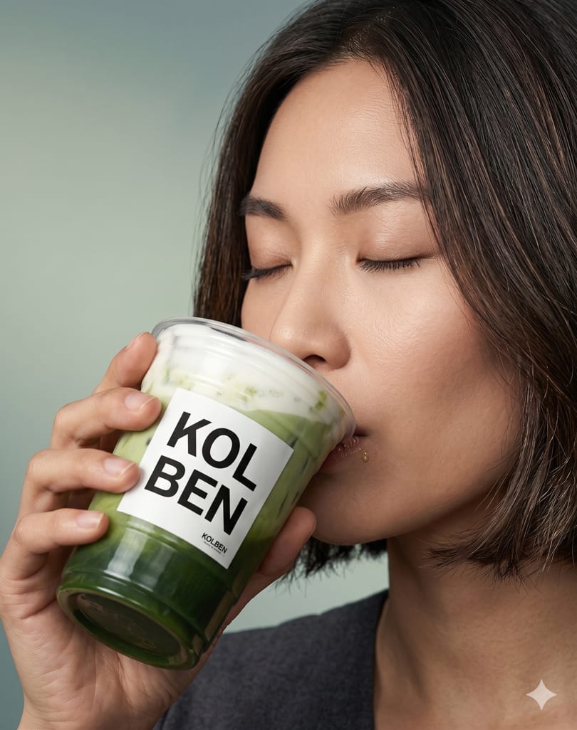A person with closed eyes sips a green Kolben drink with a white foamy top.