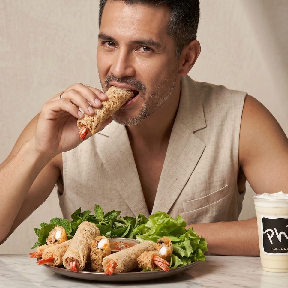 A man in a beige vest bites into a spring roll, with more rolls and Phi Coffee & Tea drinks on the table.