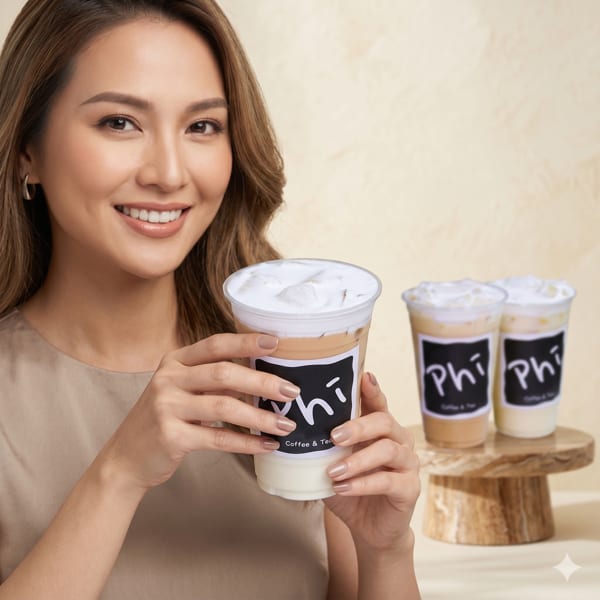 Smiling woman holding a Phi Coffee & Tea iced drink with two more in the background.