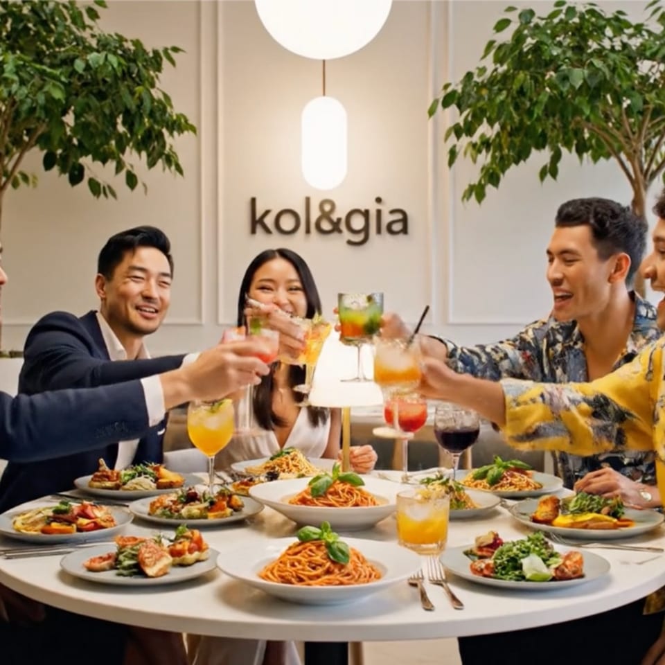 Five smiling friends toast drinks around a table laden with pasta and other dishes at Kol & Gia.