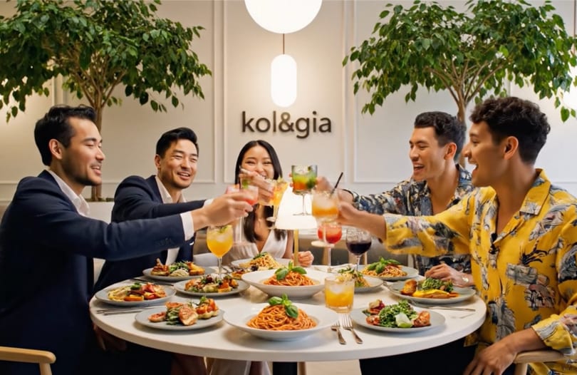 Five smiling friends toast drinks around a table laden with pasta and other dishes at Kol & Gia.